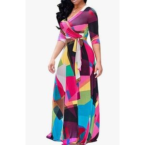 Women's V Neck 3/4 Sleeve African Floral Dress